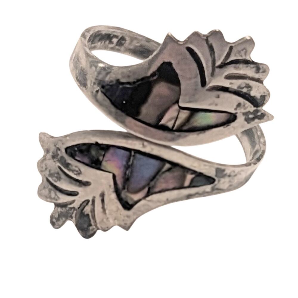 Sterling Silver Abalone Leaf Adjustable Bypass Ring Size 6 Vintage - Picture 7 of 10